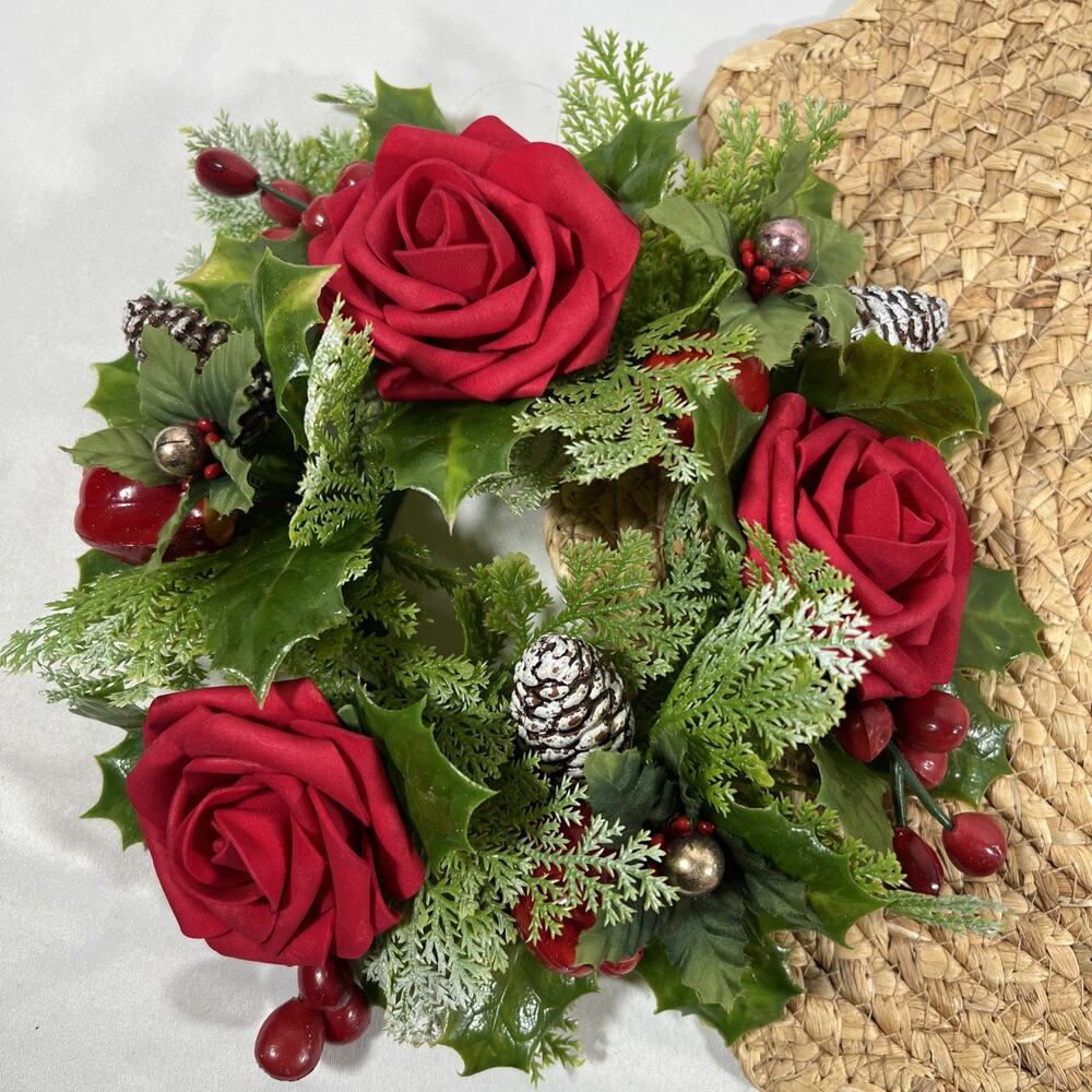 Vintage Candle Ring Wreath MCM Mid Century Mercury Glass Red Roses Berries Holly